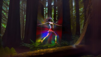 a photograph of a beautiful full body woman dancing in the densest section of the redwood forest highly detailed shafts of full color light clear facial features cinematic f18 35 mm accent lighting 