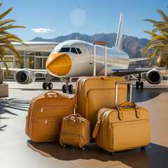 Luxury travel in private jet for super rich people, vacation suitcases stand in front of a private jet, ai generated