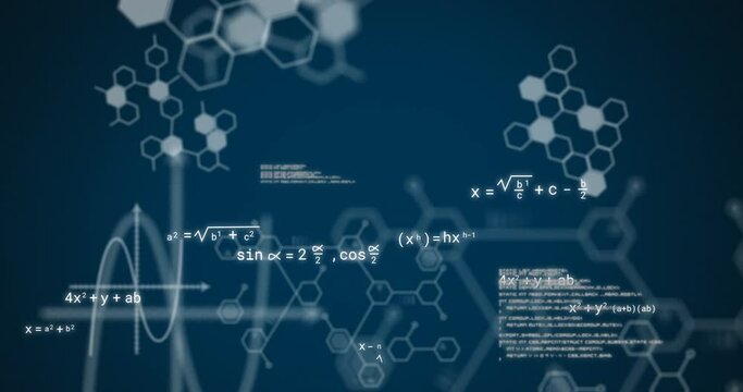 Animation of data processing and mathematical equations on black background
