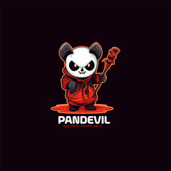 cute adorable cartoon panda being a devil carrying a stick. panda into red ghost mascot logo vector illustration