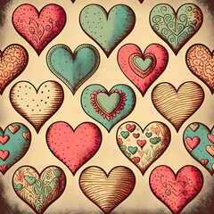 Obraz na płótnie Canvas vintage valentine repeating heart pattern, seamless, flat illustration, watercolor, hand-drawn, sweet, fun