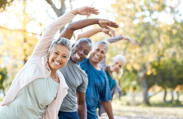 Stretching, portrait and senior people in park for muscle health, workout and training with retirement community. Yoga, exercise and elderly friends or group of women and men for fitness in nature
