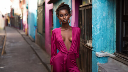Naklejka premium Sexy Frau im pinken satin glänzenden Overall läuft durch die Stadt, ai generativ
