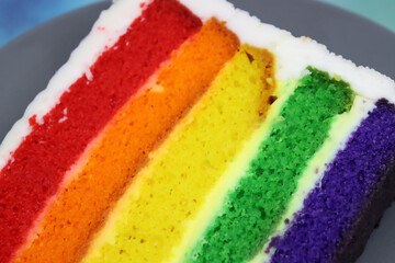 Slice of rainbow cake on gray plate with blue background