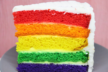 Slice of rainbow cake on gray plate with pink background