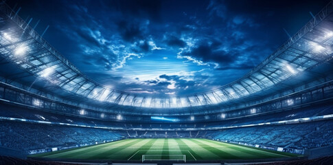 football arena green sport goal light soccer game world stadium. Generative AI.