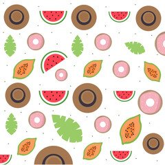 Summer pattern with hat,watermelon and donuts.Summer seamless pattern with vector elements.