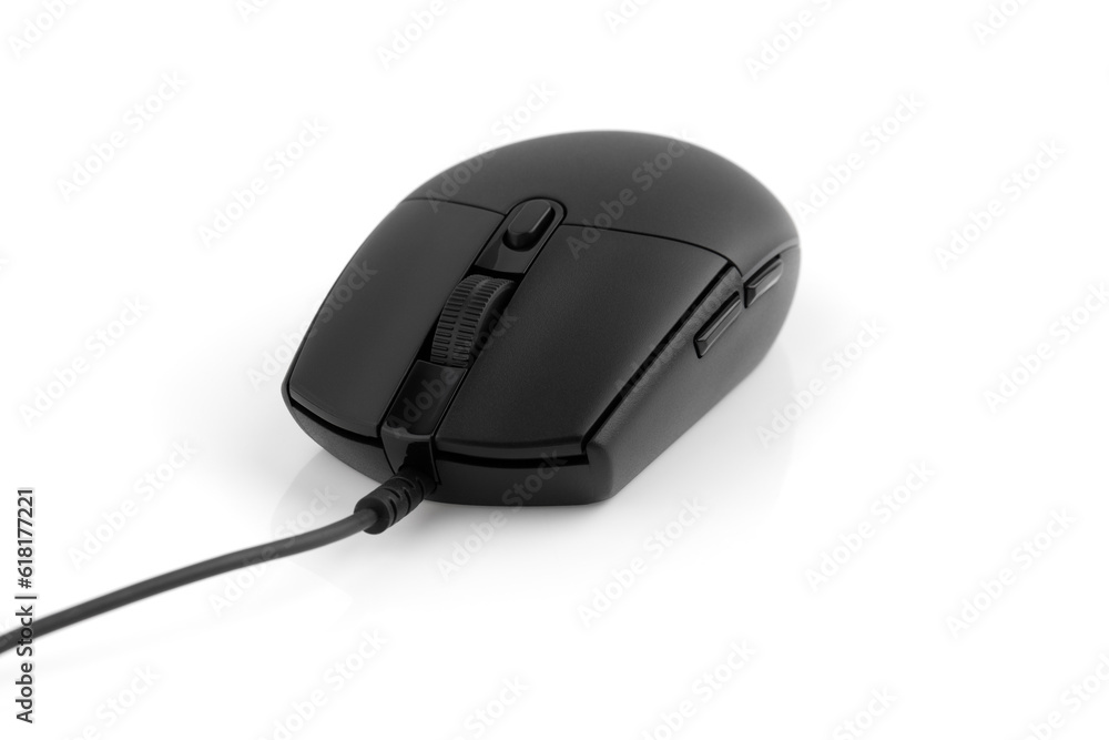 Poster computer mouse on a white background. wired computer mouse close-up isolated on a white background.