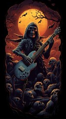 Skull and guitar and heavy metal illustration graphic. Scary skeleton guitarist rock star playing electric guitar. Hard rock design