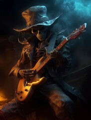 Fototapeta na wymiar Skull and guitar and heavy metal illustration graphic. Scary skeleton guitarist rock star playing electric guitar. Hard rock design