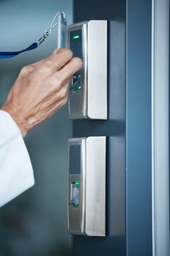 Hand, Key Card And Scan On Security Door For Entrance, Access Control And Safety In Business, Property Or Facility. Worker, Hands And Electronic Fingerprint Reader Or Technology To Lock Or Secure