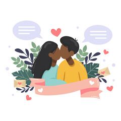 Happy love couple. Vector cartoon romantic scene. Kissing man and woman with banner and pink flowers and leaves. happy valentines day celebration isolated on white background with mind clouds