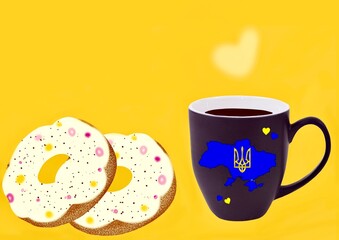 Cup of coffee with donuts on yellow background