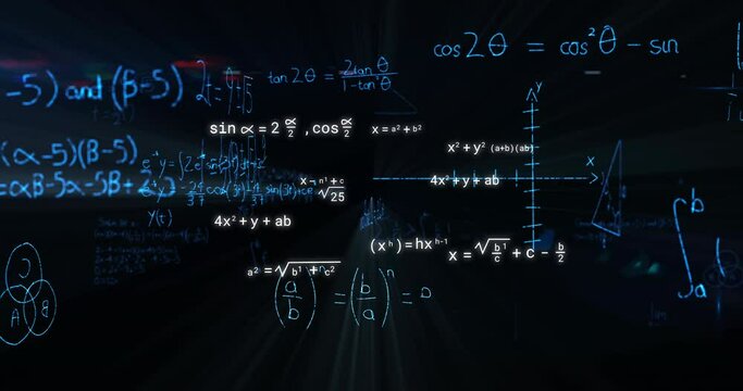 Animation of mathematical equations on black background