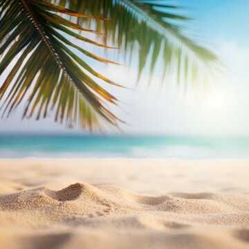 Sand with blurred Palm and tropical beach bokeh background, Summer vacation and travel concept