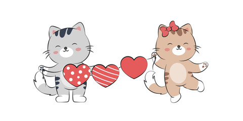 A couple of cute cats with a love balloon. Vector illustration of funny kittens in doodle style. Cartoon design with a pet character. Cute illustration of a cat in love