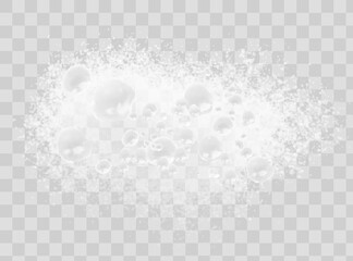 Soapy water with bubbles, foam from detergent or shower gel, shampoo or cosmetic products. Vector cleanliness and washing ingredients for household. Bubbly liquid isolated on transparent background - obrazy, fototapety, plakaty