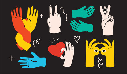 Groovy hippie set of colorful hands with different gestures. Hands with heart, eyes, together hands and etc. Hand drawn vector illustration.