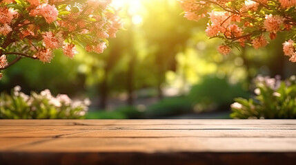 Naklejka na ściany i meble Spring summer beautiful nature background with blurred park trees in sunlight and empty wooden table