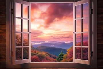 Window with surreal and magical landscape view. Generative ai.