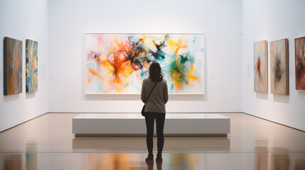 Back of an adult woman looking at a modern art painting in a gallery © Keitma