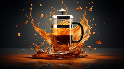 Fototapeta na wymiar Coffee press with coffee splash and drips isolated on color background