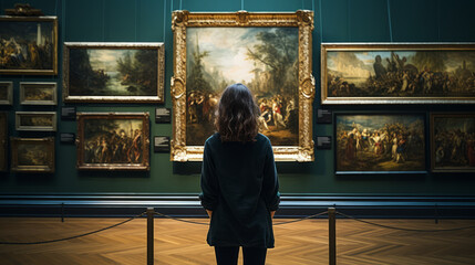 Back of an adult person looking at renaissance style paintings in an old museum art gallery - obrazy, fototapety, plakaty