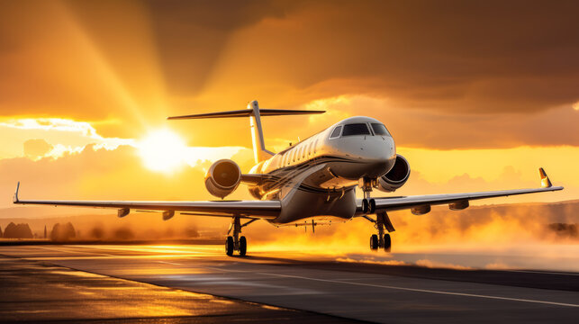 Private jet plane taking off with sunset backlight