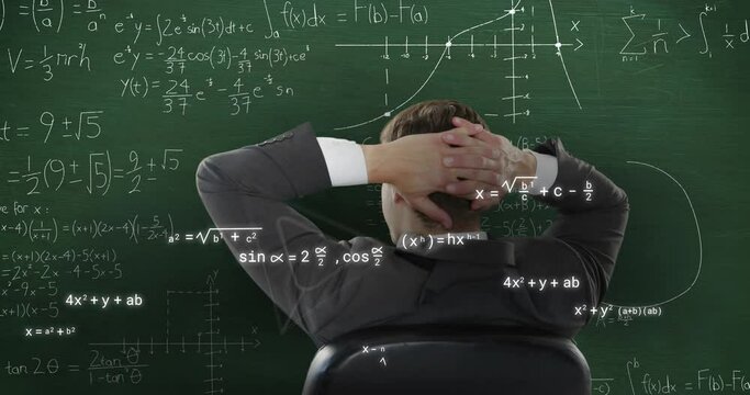 Animation of icons and mathematical equations over caucasian businessman on green background