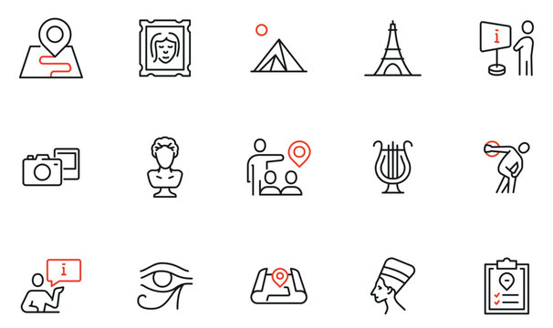 Vector Set of Linear Icons Related to Exhibition, Museum and Art Gallery. Mono Line Pictograms and Infographics Design Elements - part 2