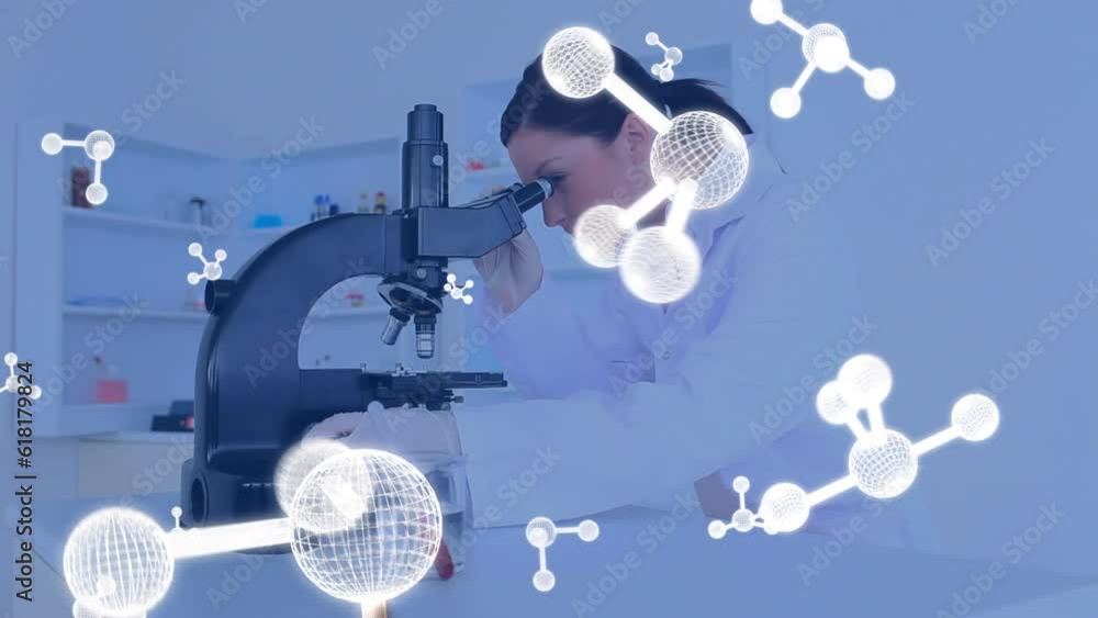 Sticker animation of molecules over caucasian female scientist using microscope in lab