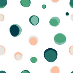 White background with green and pink dots. Seamless hand-drawn pattern.