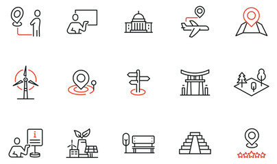 Vector Set of Linear Icons Related to Tourist Route, Cultural Heritage and Excursion. Mono Line Pictograms and Infographics Design Elements