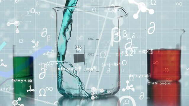 Animation of molecules and mathematical equations over beakers with colorful liquid