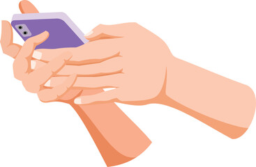 Hands holding mobile phone with Fingers touching, tapping, scrolling smartphone, typing chat on screen, using applications. Flat illustration