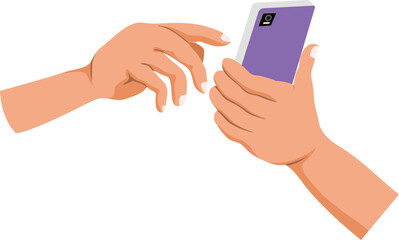Hand holding mobile phone with finger touch on screen. Flat vector illustration