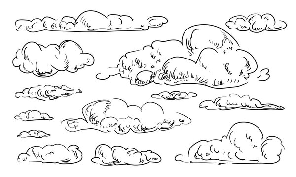 Set of clouds in hand drawn style isolated on white background. Collection of engraving clouds. Black and white vector sketches. Freehand drawn. Clouds with hatching.