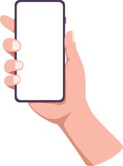 Obraz na płótnie Canvas Hand holding mobile phone vertically with blank screen. Smartphone mockup, template vector illustration