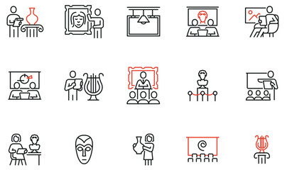 Vector Set of Linear Icons Related to Art Presentation,  Educational Lecture, Seminar and Auction. Mono Line Pictograms and Infographics Design Elements