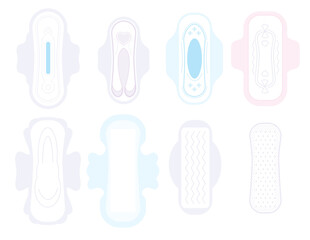 Different sanitary pads on white background. Feminine hygienic napkins. Personal hygiene elements for menstruation. Different sizes and forms of absorbent pad for woman. Vector illustration. © Morena
