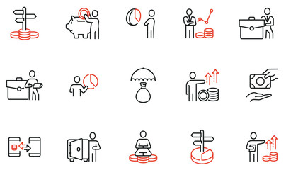  Vector Set of Linear Icons Related to Business investment, Trade Service, Investment Strategy and Finance Management. Mono Line Pictograms and Infographics Design Elements - part 1