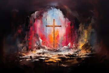 Jesus Christ on the cross in the cave. Digital painting illustration.