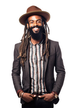 Smiling Afro-Americian hipster with long beard and hat. Isolated on transparent white background. Generative AI
