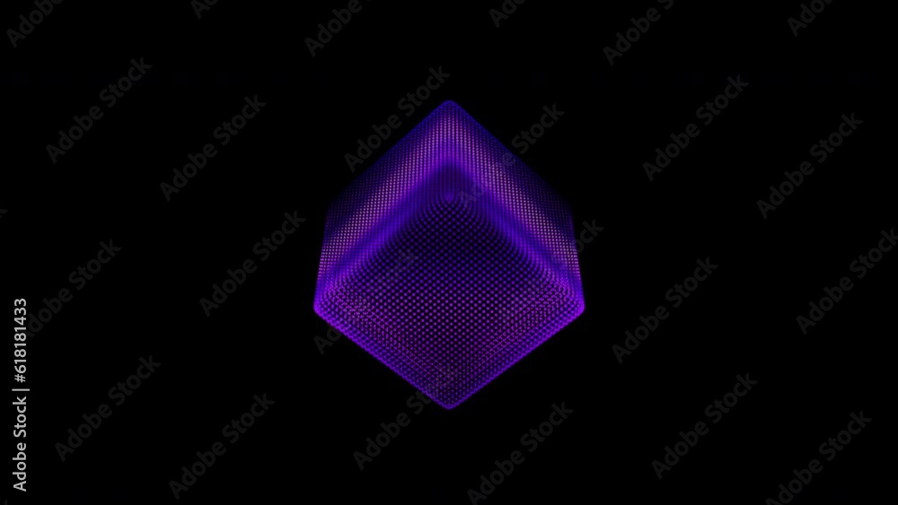 Poster looped distortion waves on abstract cube of particles. digital data splash of box point array. futur