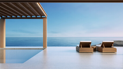 Fototapeta na wymiar Luxury beach Lounge chair on the balcony overlooking the sea view - 3D rendering 