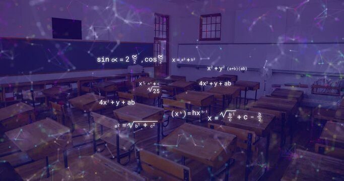 Animation of mathematical equations and network of connections over empty classroom