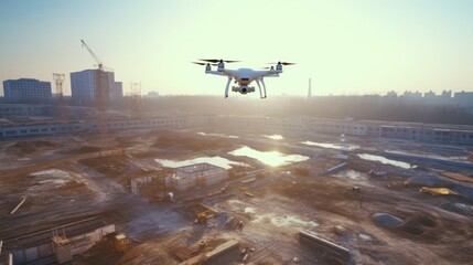 Drone over construction site. video surveillance or industrial inspection. - obrazy, fototapety, plakaty