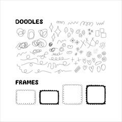 Hand drawn doodles, scribbles, frames elements set. Vector textured brush strokes, stamp brushes. Childish scribbles and doodles, lines and shapes elements isolated on white background