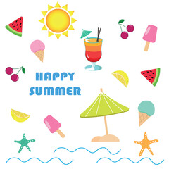 Set of cute summer elements, icons isolated on white background: fruits, drinks and ice cream. Summer season poster, beach holiday.