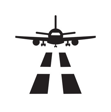 Icono de un avión y una pista de aterrizaje. Vista de frente. vector
